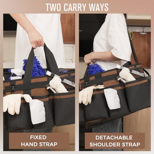 Wearable Cleaning Caddy, Cleaning Caddy Supplies Organizer with Handle & Shoulder Straps for Housekeepers, Under Sink & Car Cleaning Tool Organizers Bag with 4 Foldable Divider (Brown) - view 6