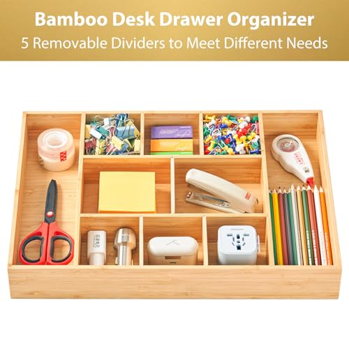 Extra Large Bamboo Desk Drawer Organizer, Wood Junk Organizer Tray with Adjustable Dividers, Anti-Skip Storage Organization in Office Bathroom Drawer for Vanity, Makeup, 17" x 12" - view 2