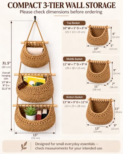 Compact 3-Tier Hanging Wall Basket Organizer with No-Drill Adhesive Hooks – Soft Cotton Rope Storage for Bathroom, Nursery & Small Spaces – Detachable, Renter Friendly - view 2