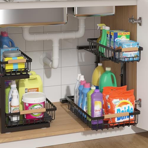 Under Sink Organizer 2 Packs, Pull Out Kitchen Sink Organizer, 2 Tier Slide Out Kitchen Organizers and Storage Bathroom Under Cabinet Storage Shelf, Black