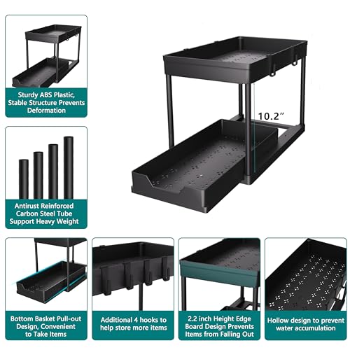 Under Sink Organizer 2 Pack, Bathroom Cabinet Organizer, 2 Tier Sliding Cabinet Basket Organizer Drawer, Multi-Purpose Bath Collection Baskets for Bathroom (Black) - view 6