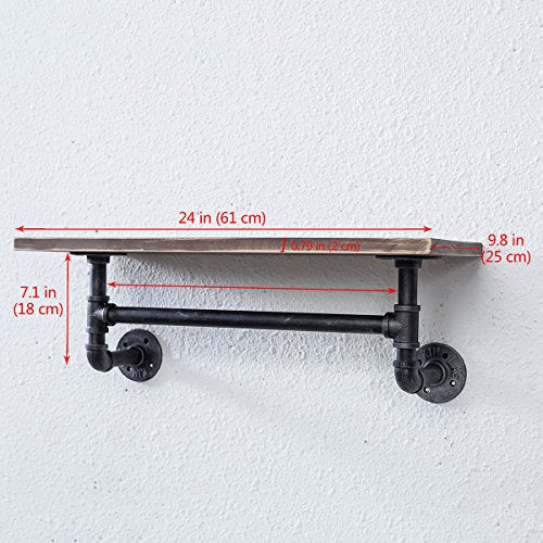 1 Tier Shelving Bathroom Pipe Shelves with Towel Bar Over Toilet, 24 inch Pine Wood Floating Shelves for Wall Mounted Bedroom,Kitchen, Farmhouse, Living Room - view 2