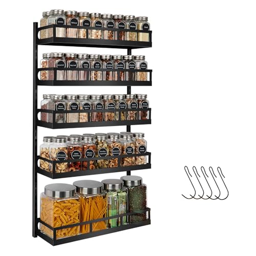 Wall Mount Spice Rack Organizer 5 Tier Height-Adjustable Hanging Spice Shelf Storage for Kitchen Pantry Cabinet, Dual-Use Seasoning Holder Rack with Hooks, Black-Patented