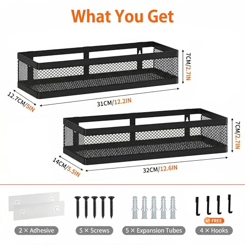 Mesh Shower Caddy Wall Mount, Heavy Duty Adhesive Bathroom Shelf Organizer, Rustproof Floating Spice Rack for Kitchen Pantry, Holds 50 LBS, Multi-Purpose Storage Black-2 Packs (Netting) - view 3