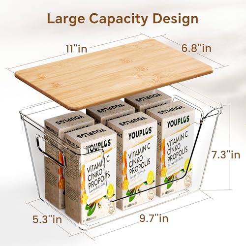 2 Set Pantry Organizers and Storage with Bamboo Lids, Stackable Clear Bins for Onion, Potato, Fruit, Vegetables, Trash Bag Dispenser, Kitchen and Under Sink Organizer - view 2