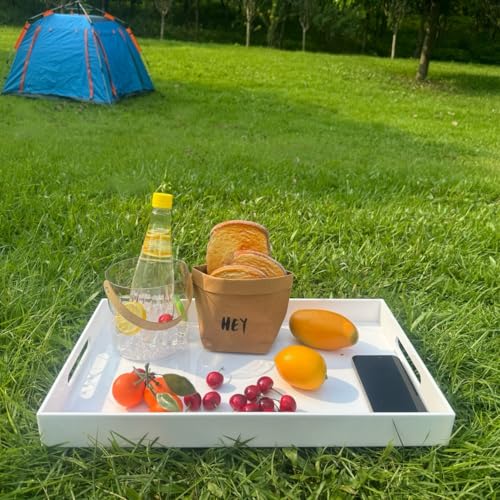 Glossy White Sturdy Acrylic Serving Tray with Handles-12x20 Inch-Serving Coffee Appetizer Breakfast-Kitchen Countertop Makeup Drawer Organizer-Vanity Table Ottoman Decorative Tray - view 4