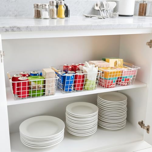 White wire baskets for organizing with Wooden Handles Storage Organizer Baskets, Household snack basket for Cabinets, Pantry, Closets, Bedrooms, pantry organizers and storage - Set of 2（White） - view 4