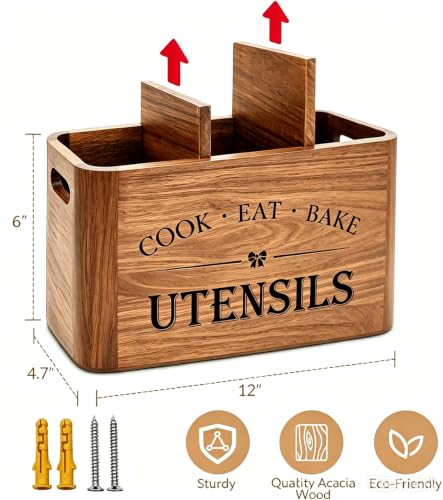 Wooden Kitchen Utensil Holder Organizer for Counter or Countertop, Large Wooden Utensil Holder for Storage Cooking and Silverware with 3 Compartment, Acacia Rustic Wood Container Extra Large - view 2