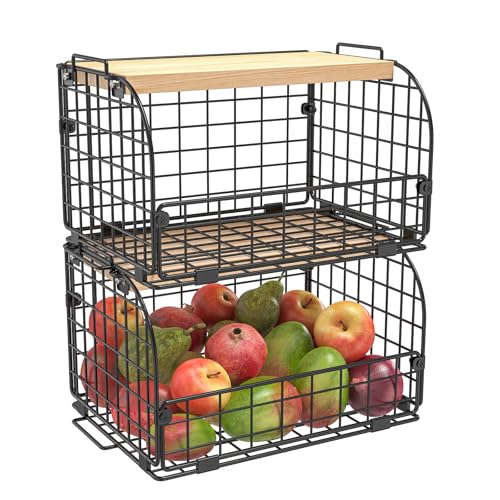 2 Set Stackable Wire Basket with Openable Top, Kitchen Counter, Pantry Organizer and Storage Produce Onion Potato Fruits Vegs Bread Food Snack Spice Organizing Bin for Cabinet Shelf Countertop Floor - view 5
