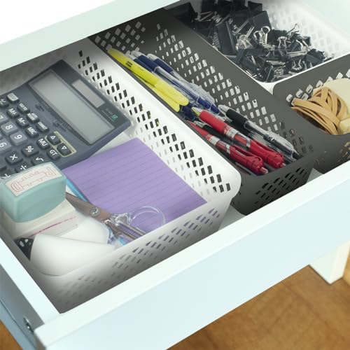 Plastic Storage Basket Set - Multipurpose Drawer Trays, Kitchen Pantry Containers, and Bathroom Bins - 6 Pack Medium Organizers, White - view 2