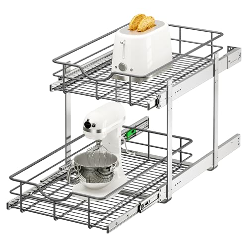 2 Tier Pull Out Cabinet Organizer - 14" W x 22" D Soft Close Slide Out Shelves with Shelf Liners - Pullout Drawers for Kitchen Cabinets, Pantry, Bathroom, Heavy Duty Steel Wire Baskets