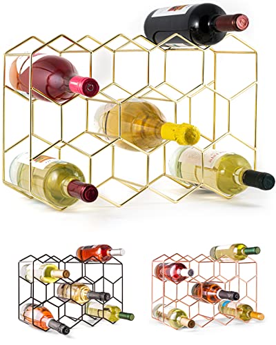 Countertop Wine Rack - 14 Bottle Freestanding Modern Gold Metal Small Wine Rack - 3 Tier Tabletop Wine Holder Stand for Cabinet, Pantry, Wine Bottle Storage - No Assembly Required