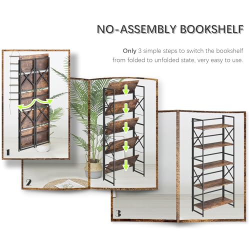 5 Tiers No Assembly Book Shelves, 51.2" H Folding Bookshelf Bookcase Open Industrial Foldable Shelves for Bedroom, Living Room, Home Office - Rustic Brown Black - view 6