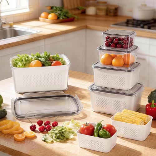 8 Pack Fruit Storage Containers for Fridge, Produce Containers for Fridge with Colander, Leakproof Fridge Organizers and Storage for Berry Vegetable Salad Lettuce Meat Food - view 4