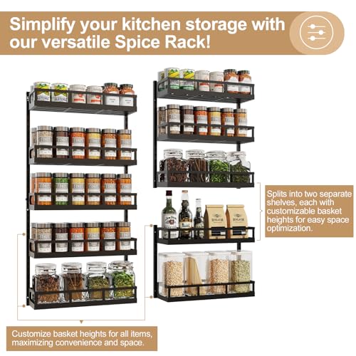 Wall Mount Spice Rack Organizer 5 Tier Height-Adjustable Hanging Spice Shelf Storage for Kitchen Pantry Cabinet, Dual-Use Seasoning Holder Rack with Hooks, Black-Patented - view 4