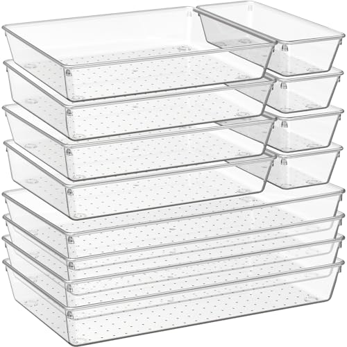 12 Pack Large Clear Plastic Drawer Organizer Trays | MULTI-USE Acrylic Drawer Storage for Kitchen, Bathroom, Makeup, Office, School, Undies | College Dorm Room, Home Apartment Essentials