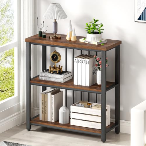 Bookshelf, Small Modern 3 Tier Bookcase, Wood and Metal Standing Storage Book Shelves for Living Room, Office, Bedroom (Rustic Walnut) - view 3