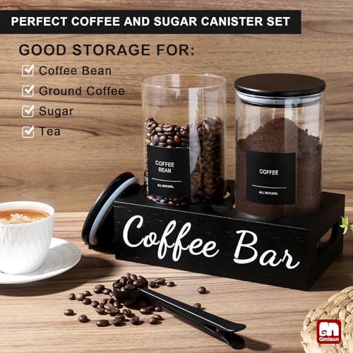 Coffee Container, 2 Pcs 50 Fl oz Airtight Bean Storage Canister, Black Glass Ground Coffee and Sugar Jar Set with Scoop/Shelf/Labels, Sugar/Tea Holder Containers for Cafe Bar Countertop - view 3