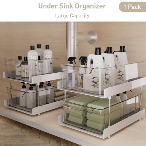 YuzhuSuye Multi-Purpose Pull Out Cabinets Organizer Shelf 2-Tier Under Sink Organizer with Dividers for Bathroom Kitchen Closet and Office (clear) - view 3