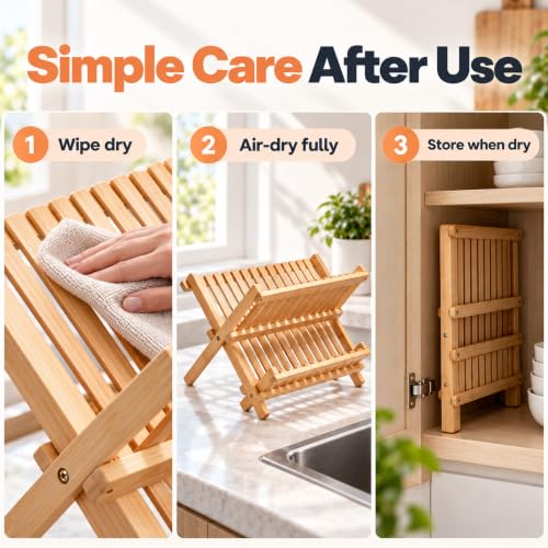 Bamboo Dish Drying Rack - Foldable Dish Rack for Kitchen - Collapsible & Compact Wooden Plate Holder - Eco-Friendly & Functional Wood Dryer Rack for Plates - Space-Saving Storage Organizer - view 3