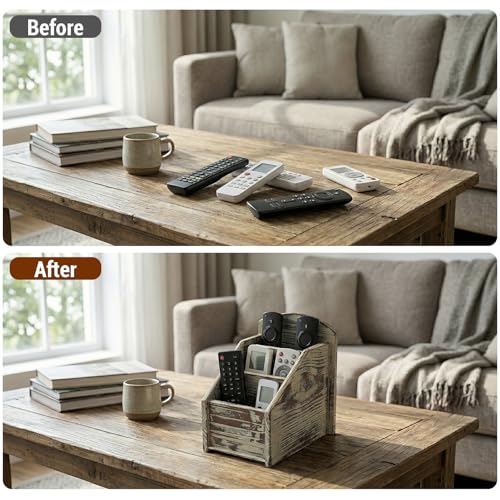 Torched Wood Remote Control Holder, 3-Compartment Tabletop Organizer - view 2