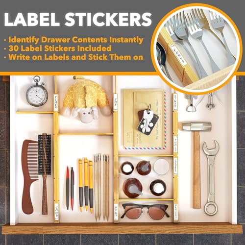 Bamboo Drawer Dividers with Inserts and Labels, Kitchen Adjustable Drawer Organizers, Expandable Organization for Home, Office, Dressers and Bathroom, 6 Dividers with 12 Inserts (17-22 in) - view 5