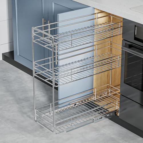 3-Tier Pull Out Cabinet Organizer for Narrow Cabinet (8.5" W X 20.5" D), Kitchen Cabinet Organizer and Storage Cabinet Pull Out Shelves Under Cabinet Storage for Kitchen, Chrome - view 6