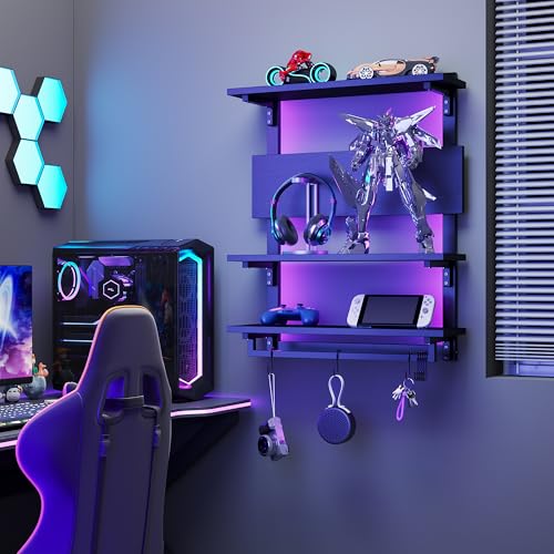 Foldable Gaming Floating Shelves with Adjustable Shelf, 24 Inch Wall Mounted Shelves with Dynamic LED, 4 Tier Wall Mounted Shelves with Towel Bar & 8 Hooks, Cool Wall Display Rack - view 3