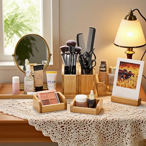 Bamboo Vanity Tray, 7 Pieces Adjustable Pen Holder Stationery Caddy - view 4