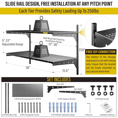 1pack×2 Tier 1.3x3ft Garage Shelving Wall Mounted, 400 lbs Load Capacity,15.6x36inch per Shelf Height Cassette Adjustable Floating Shelves, Black - view 5