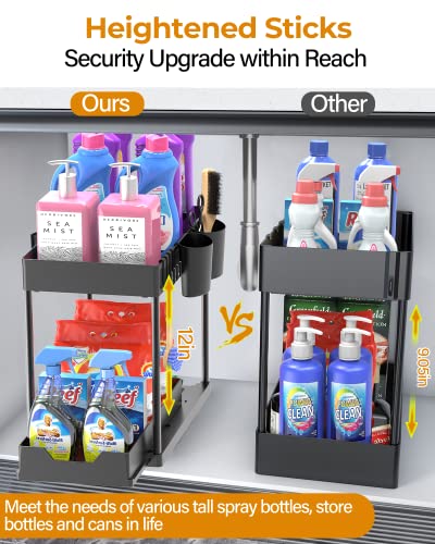 2 Pack Under Sink Organizers and Storage Bathroom, 2 Tier Under Sliding Kicthen Cabinet Basket Organizer with Hooks, Hanging Cup, Dividers, Handles, Multi-purpose Under Sink Shelf Organizer, Black - view 3