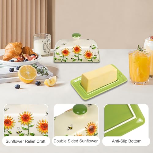 Butter Dish with Lid for Countertop, Sunflower Butter Keeper Holder, 7.5”x4.3” Large Ceramic Butter Tray Storage Sunflower Decor Mother's Day Gifts - view 4
