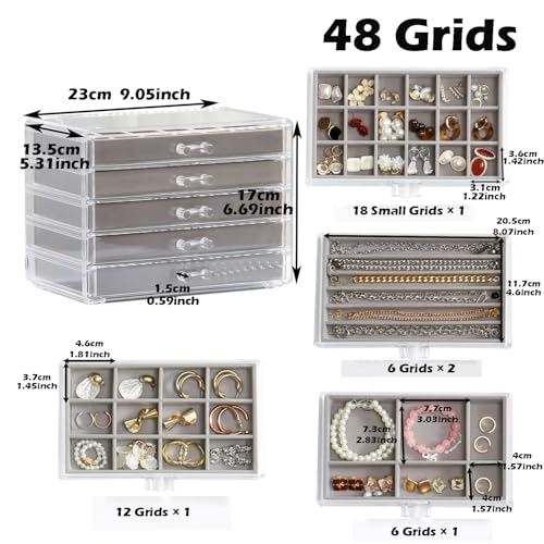 Acrylic Jewelry Storage Box Holder with 5 Drawers, Gray 48 Grids - view 2