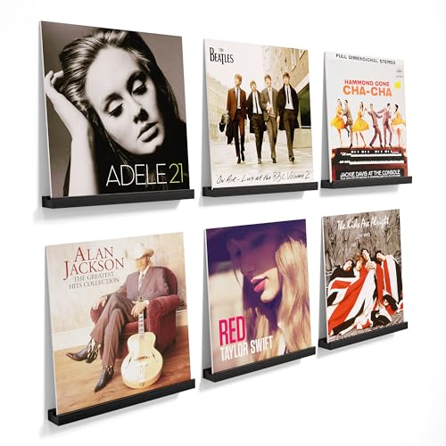 Vinyl Record Shelf Wall Mount, 6 Pack Album Record Holder Wall, 12 inch Vinyl Record Storage Shelves Wall, Wood Record Display for Living Room(Black)