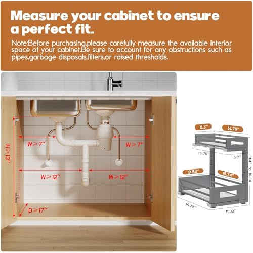 2-Pack Under Sink Organizers and Storage,2-Tier L Shape Pull Out Cabinet Organizer With Round Tube Slide Rails,Hight Adjustable Slide Out Drawers for Kitchen&Bathroom,Multi-Purpose Storage Shelf-Gray - view 2