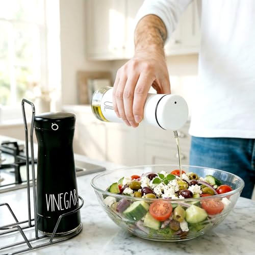 Oil And Vinegar Dispenser Set with Caddy - 2 Pack Oil Dispenser Bottles for Kitchen with No-Drip - Kitchen Decor and Accessories for Home Restaurants Weddings, Black & White - view 6