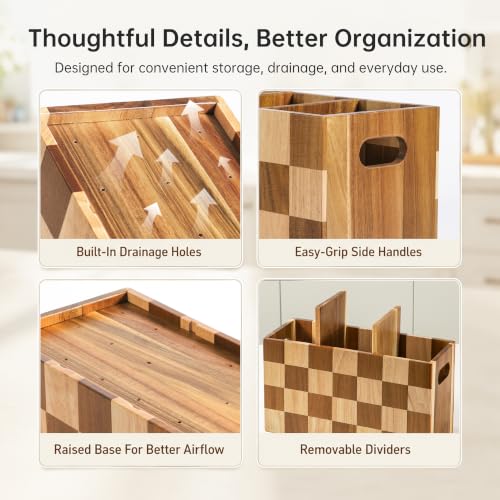 Kitchen Utensil Holder, 3 Compartment Large Wooden Utensil Organizer - view 4