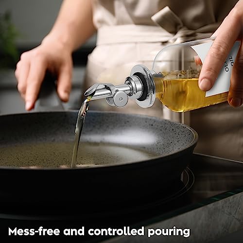 Olive Oil Dispenser Bottle - Includes 55 Kitchen Essential Labels - Cooking Oil Bottles for Kitchen, Coffee Syrup Dispenser - Pourer Spout with 11.8 fl oz Glass Container Cruet - 4pcs Silver - view 4