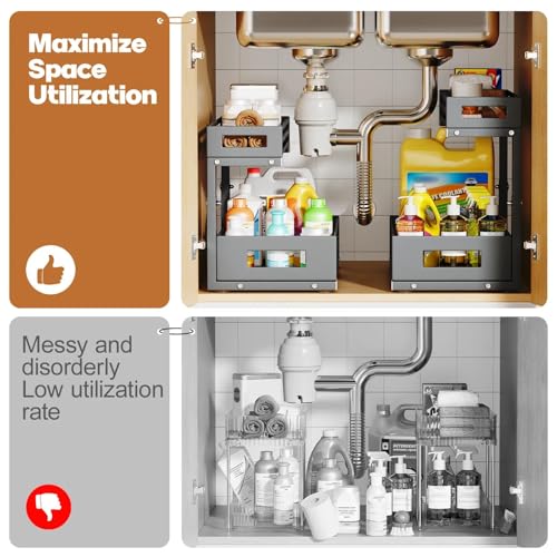 2-Pack Under Sink Organizers and Storage,2-Tier L Shape Pull Out Cabinet Organizer With Round Tube Slide Rails,Hight Adjustable Slide Out Drawers for Kitchen&Bathroom,Multi-Purpose Storage Shelf-Gray - view 7