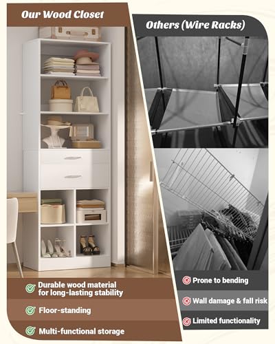 22" Closet System with Drawers, Small Closet Organizer for Walk in Closet, Wardrobe Storage Unit with Storage and Shelves, White - view 5