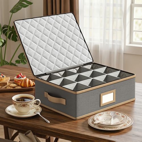 Mug Storage Box, Hard Shell China Organizer with Dividers, Beige, 2 Peice - view 2