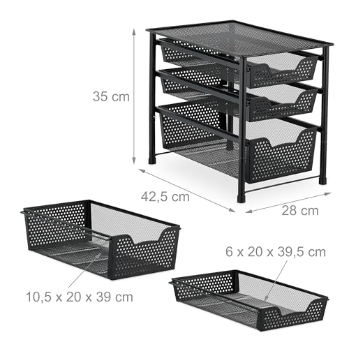 Drawer Shelf, Stackable Office Organiser, 3 Pull-Out Baskets, Metal, Kitchen, Bathroom, HBT: 35 x 28 x 42.5 cm, Black - view 3