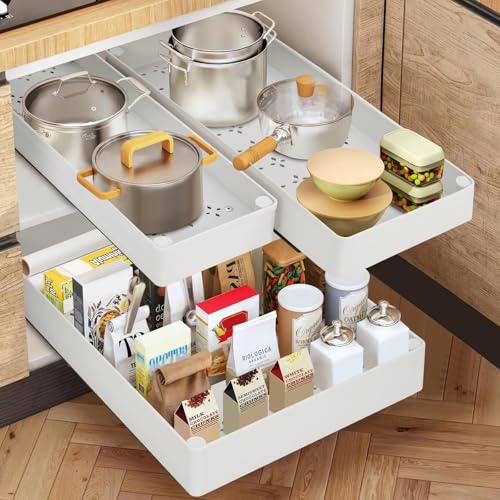 Telescopic Drawer Organiser with Damping System - 3 Sizes (13/18/27 x 40 x 7 cm), Extendable Drawer Shelf for Kitchen Cupboard/Cabinet, Easy Assembly