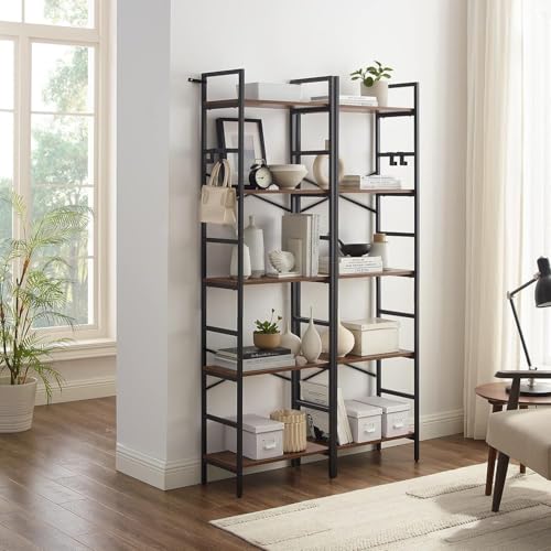 5 Tier Bookshelf, 5 Tier Bookshelves, Home Office Bookcase Shelf Storage Organizer, Industrial Narrow Bookcase, Display Standing Shelf Units, Metal Frame Display Rack with 4 Hooks Rustic Brown - view 3
