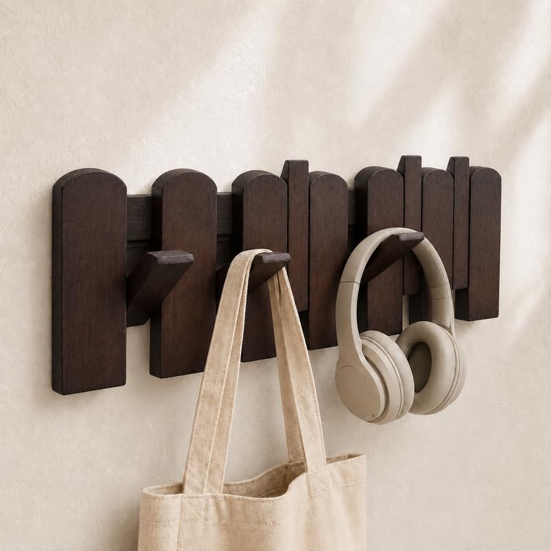 Piano Key Coat Rack Wall Mount, Solid Wood Wall Shelf with Hooks