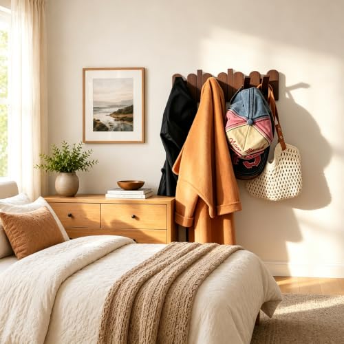 Piano Key Coat Rack Wall Mount, Solid Wood Wall Shelf with Hooks - view 6