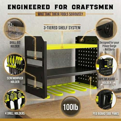 Power Tool Organizer Wall Mount – 3-Tier Heavy-Duty Steel Rack, 4 Drill Slots, Pegboard + Utility Side, 100 lb Capacity – Garage, Workshop & Shed Storage (Green) - view 2