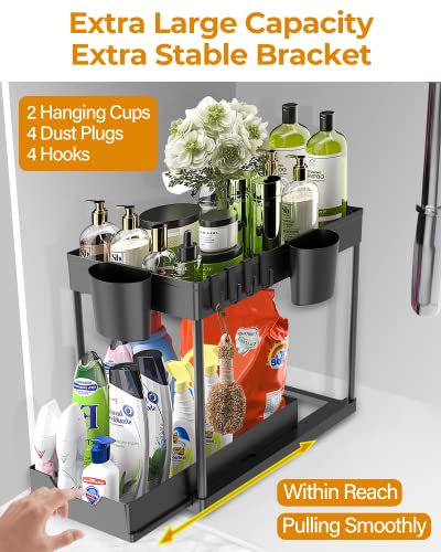 2 Pack Under Sink Organizers and Storage Bathroom, 2 Tier Under Sliding Kicthen Cabinet Basket Organizer with Hooks, Hanging Cup, Dividers, Handles, Multi-purpose Under Sink Shelf Organizer, Black - view 5