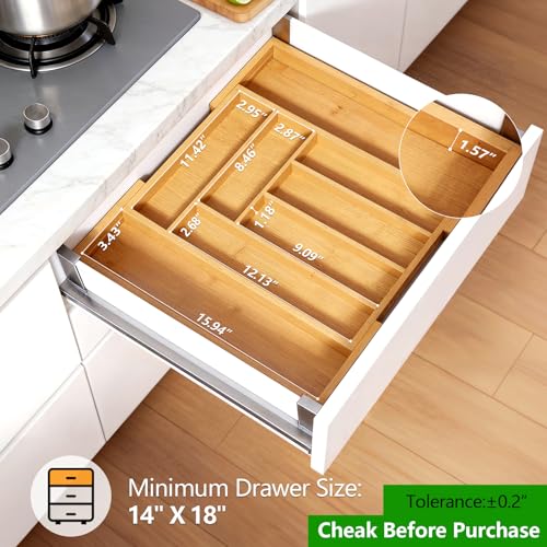 Bamboo Expandable Silverware Drawer Organizer, Adjustable Kitchen Utensil Tray for Forks, Spoons and Knives, Wood Storage Cutlery Holder for Bedroom and Living Room - view 2