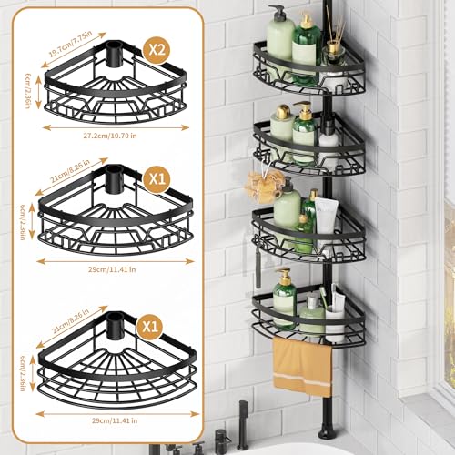 Tension Pole Shower Caddy with Towel Bar - Corner Shower Caddy, Black - view 6
